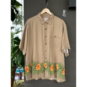 Boca Classic Island Wear Men’s XL 100% Silk Hibiscus Tan Aloha Hawaiian Shirt